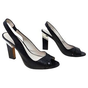 Boutique 9 Heels 9M Women Reed Black Croc Leather Slingback Peep Toe Chrome Heel